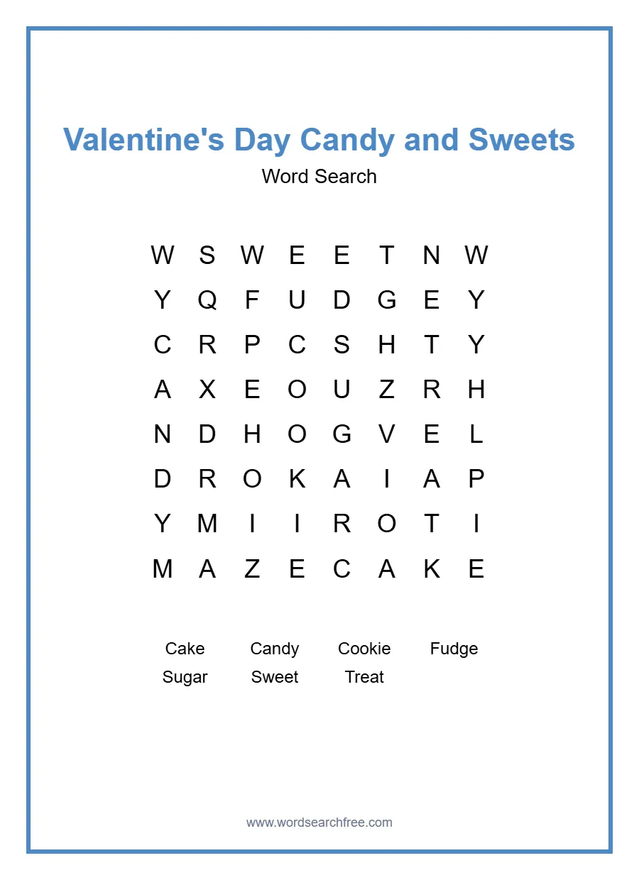 Valentine's Day Candy and Sweets Word Search - Free printable puzzle with 7 words