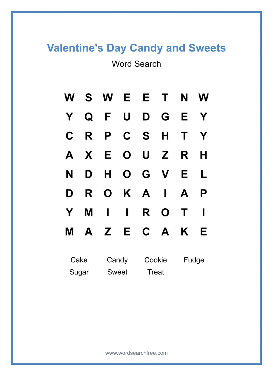 Valentine's Day Candy and Sweets Word Search - Free printable word search puzzle