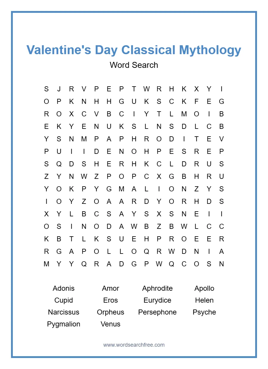 Valentine's Day Classical Mythology Word Search - Free printable puzzle with 14 words