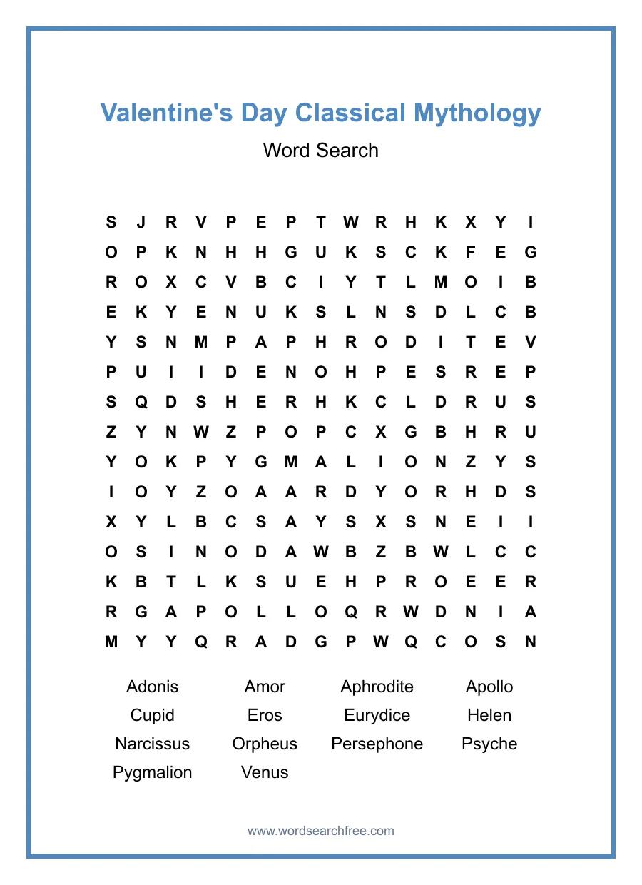 Valentine's Day Classical Mythology - Hard Word Search Puzzle
