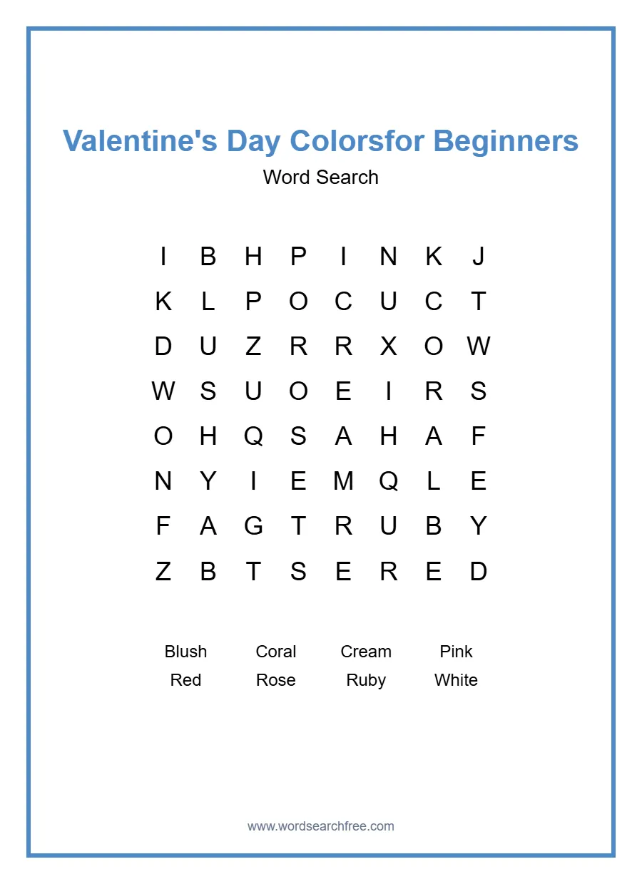 Valentine's Day Colors Word Search for Beginners - Free printable puzzle with 8 words