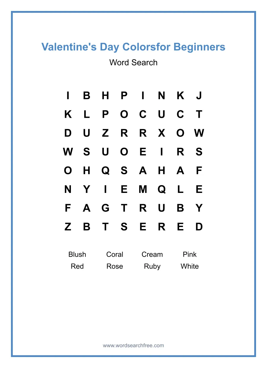 Valentine's Day Colorsfor Beginners - Easy Word Search Puzzle