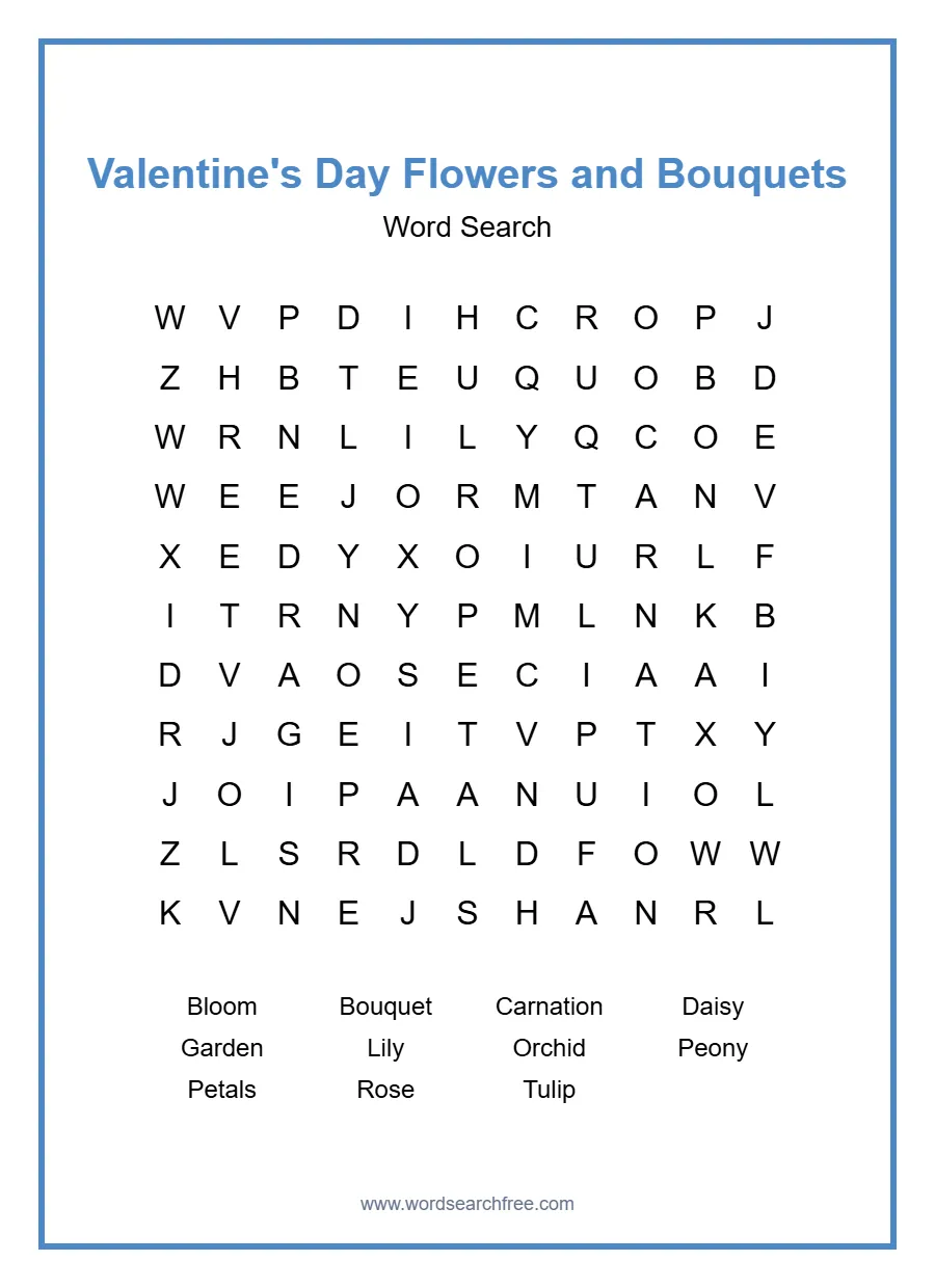 Valentine's Day Flowers and Bouquets Word Search - Free printable puzzle with 11 words