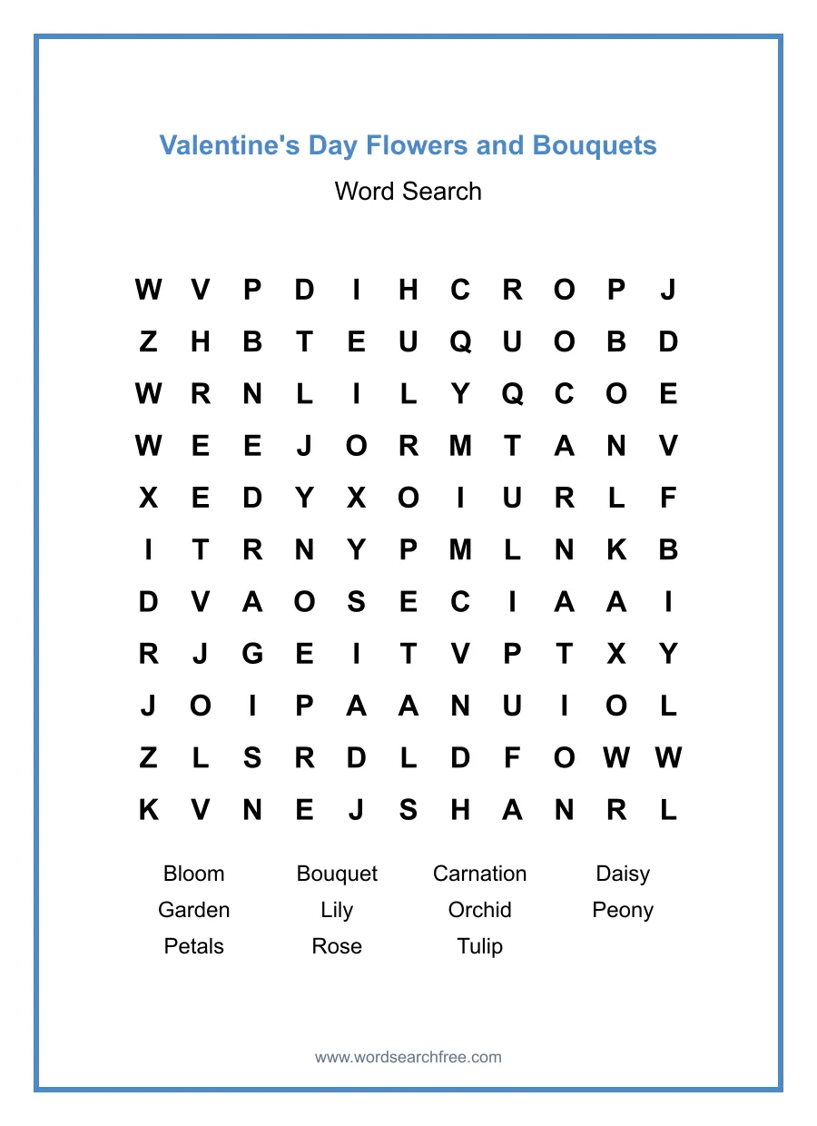 Valentine's Day Flowers and Bouquets - Medium Word Search Puzzle