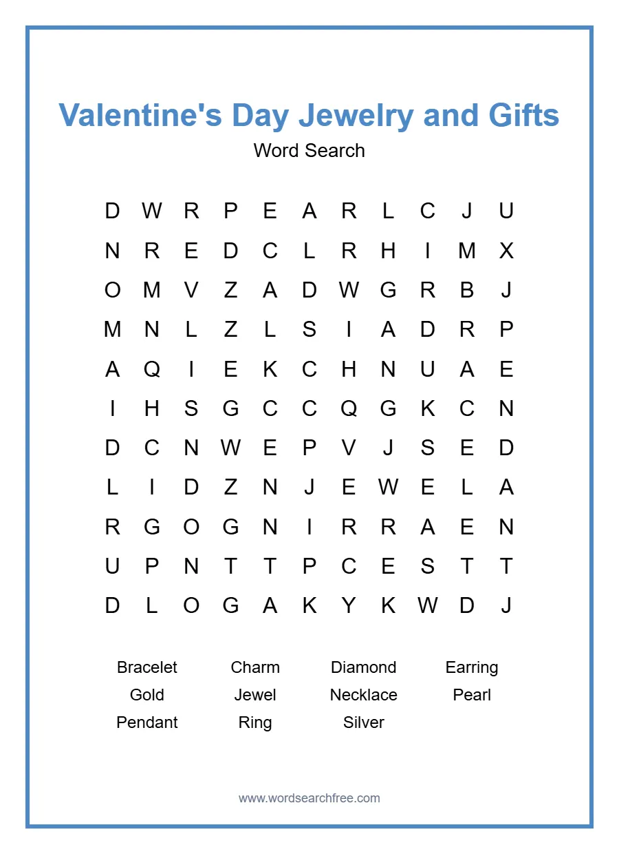 Valentine's Day Jewelry and Gifts Word Search - Free printable puzzle with 11 words