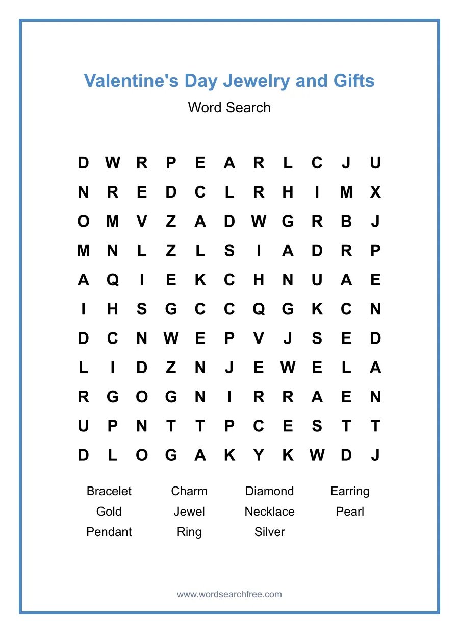 Valentine's Day Jewelry and Gifts - Medium Word Search Puzzle
