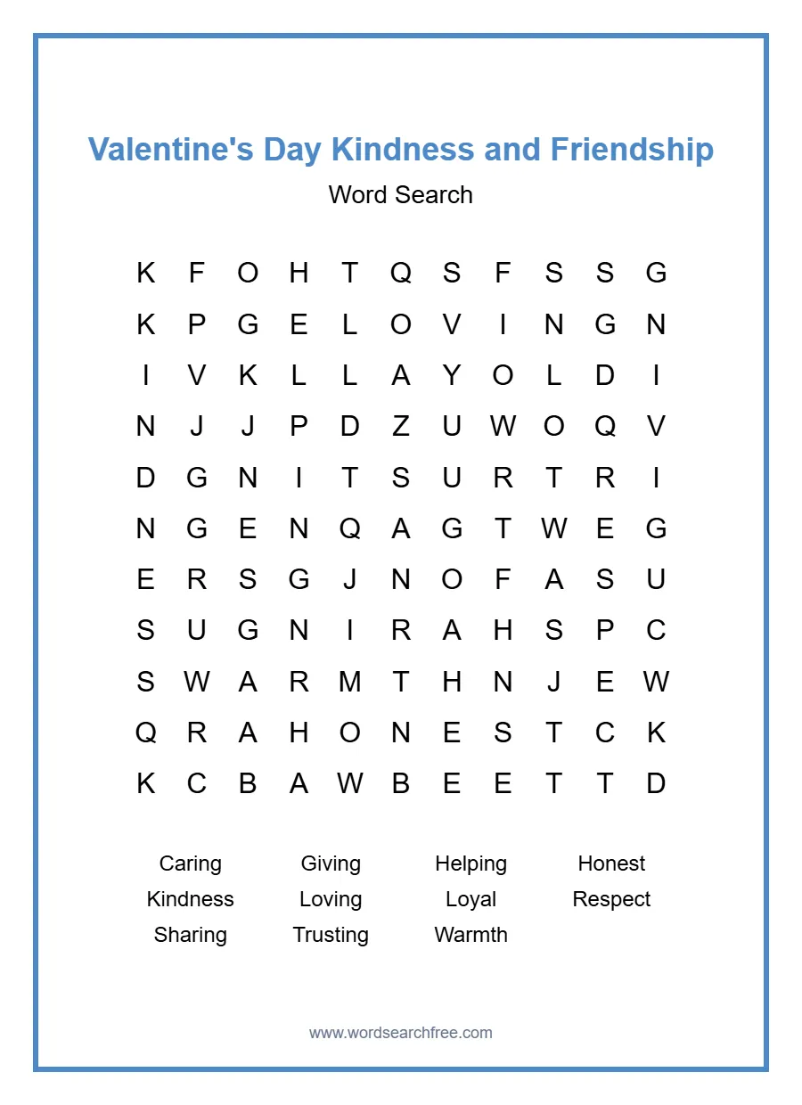 Valentine's Day Kindness and Friendship Word Search - Free printable puzzle with 11 words