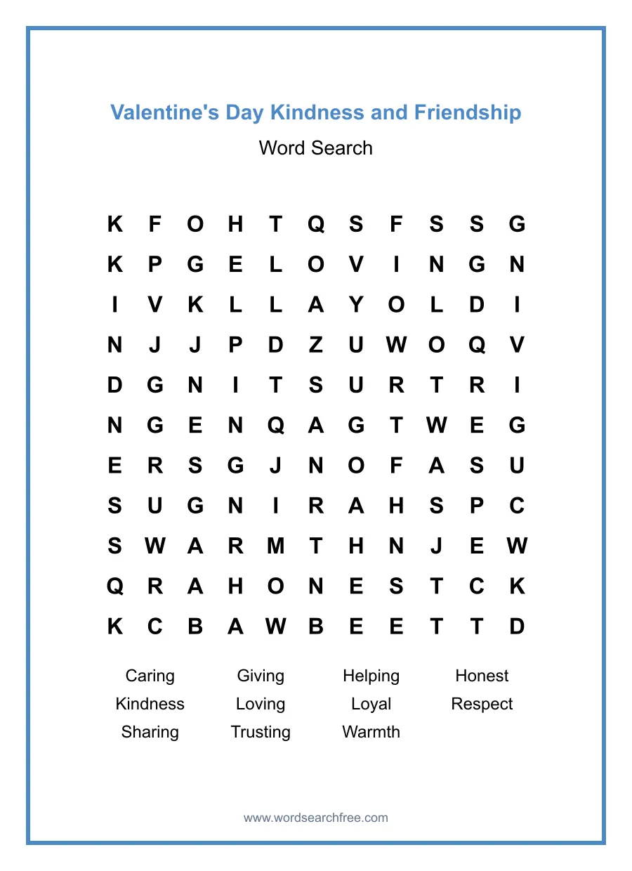 Valentine's Day Kindness and Friendship - Medium Word Search Puzzle