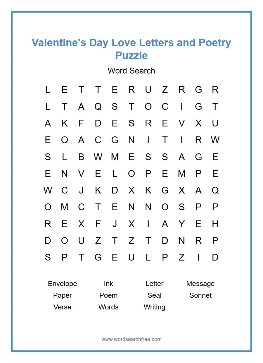 Valentine's Day Love Letters and Poetry Puzzle - Free printable puzzle with 11 words