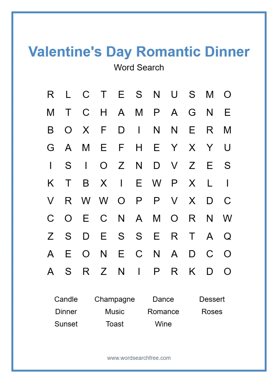 Valentine's Day Romantic Dinner Word Search - Free printable puzzle with 11 words