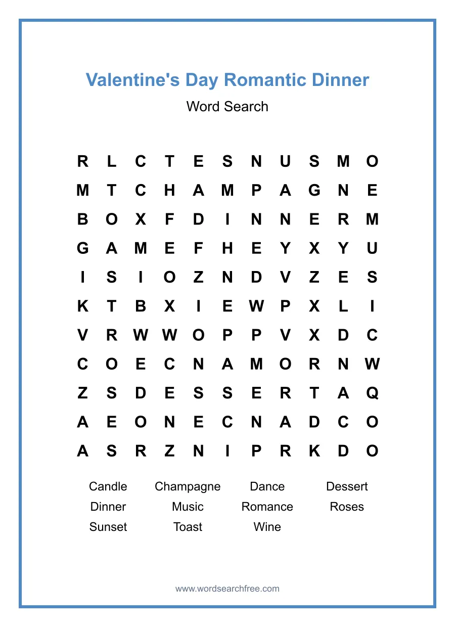 Valentine's Day Romantic Dinner - Medium Word Search Puzzle