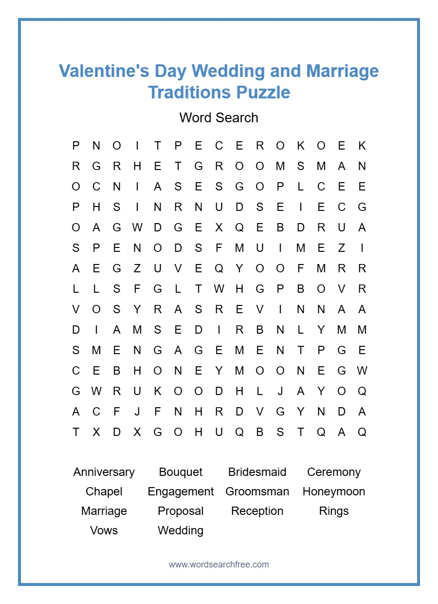 Valentine's Day Wedding and Marriage Traditions Puzzle - Free printable puzzle with 14 words
