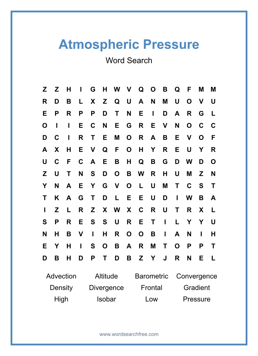 Atmospheric Pressure Word Search - Free printable puzzle with 12 words