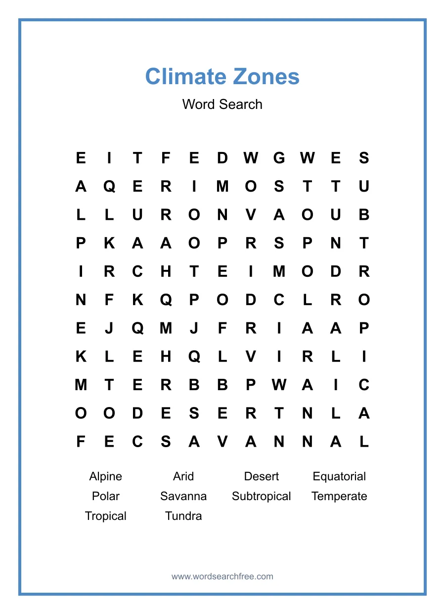 Climate Zones Word Search - Free printable puzzle with 10 words