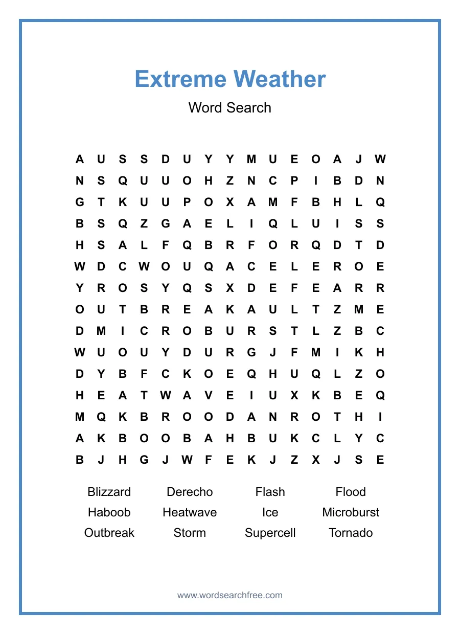 Extreme Weather Word Search - Free printable puzzle with 12 words