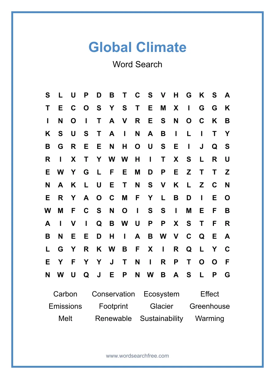 Global Climate Word Search - Free printable puzzle with 12 words