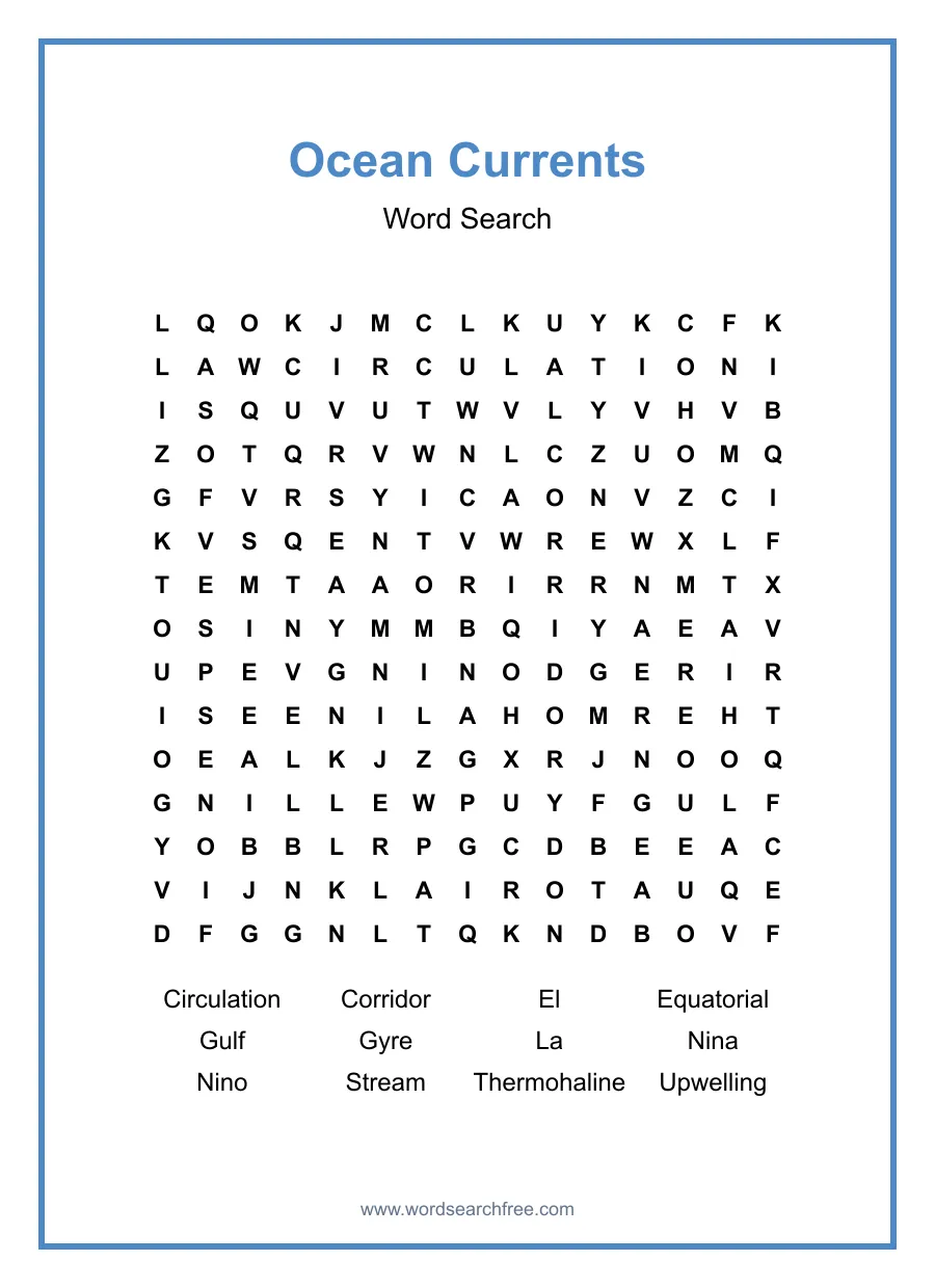 Ocean Currents Word Search - Free printable puzzle with 12 words