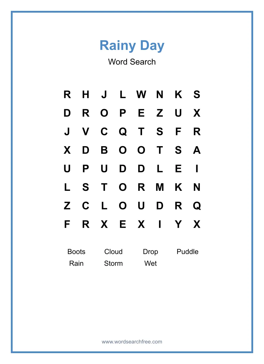 Rainy Day Word Search - Free printable puzzle with 7 words