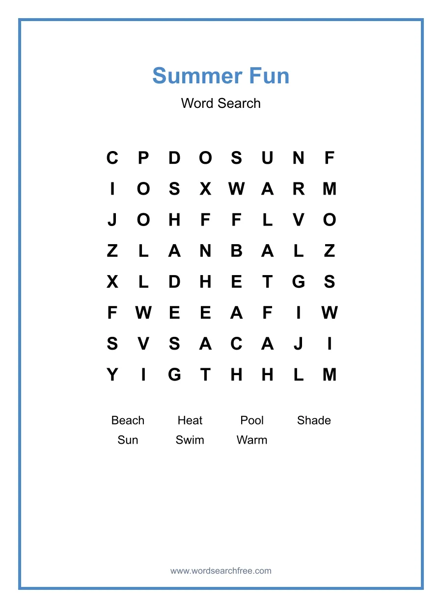 Summer Fun Word Search - Free printable puzzle with 7 words