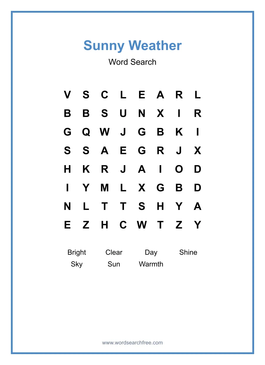 Sunny Weather Word Search - Free printable puzzle with 7 words