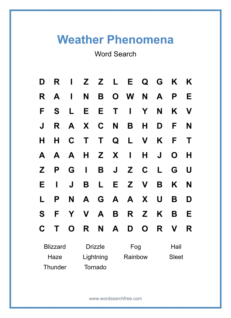 Weather Phenomena Word Search - Free printable puzzle with 10 words