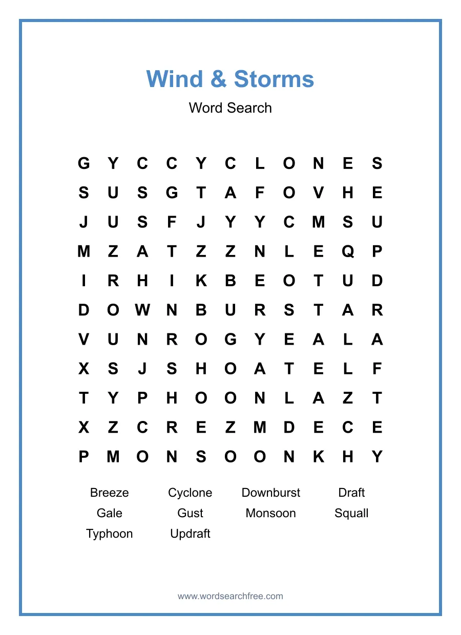 Wind & Storms Word Search - Free printable puzzle with 10 words