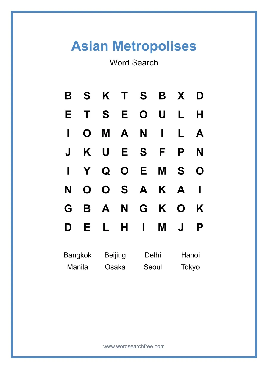 Asian Metropolises Word Search - Free printable puzzle with 8 words