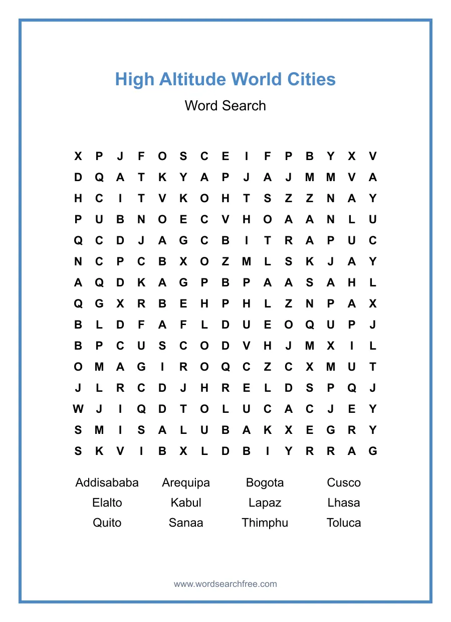 High Altitude World Cities Word Search - Free printable puzzle with 12 words