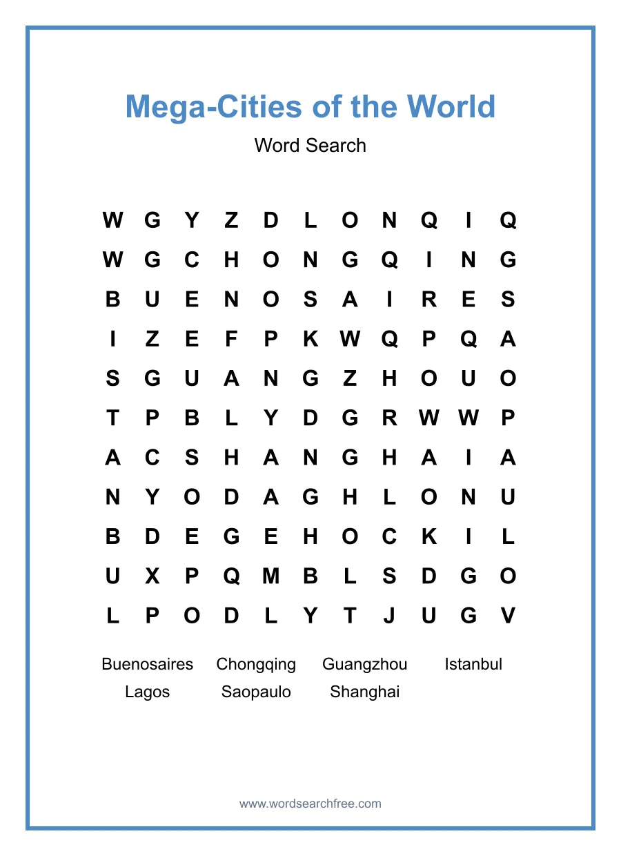Mega-Cities of the World Word Search - Free printable puzzle with 7 words