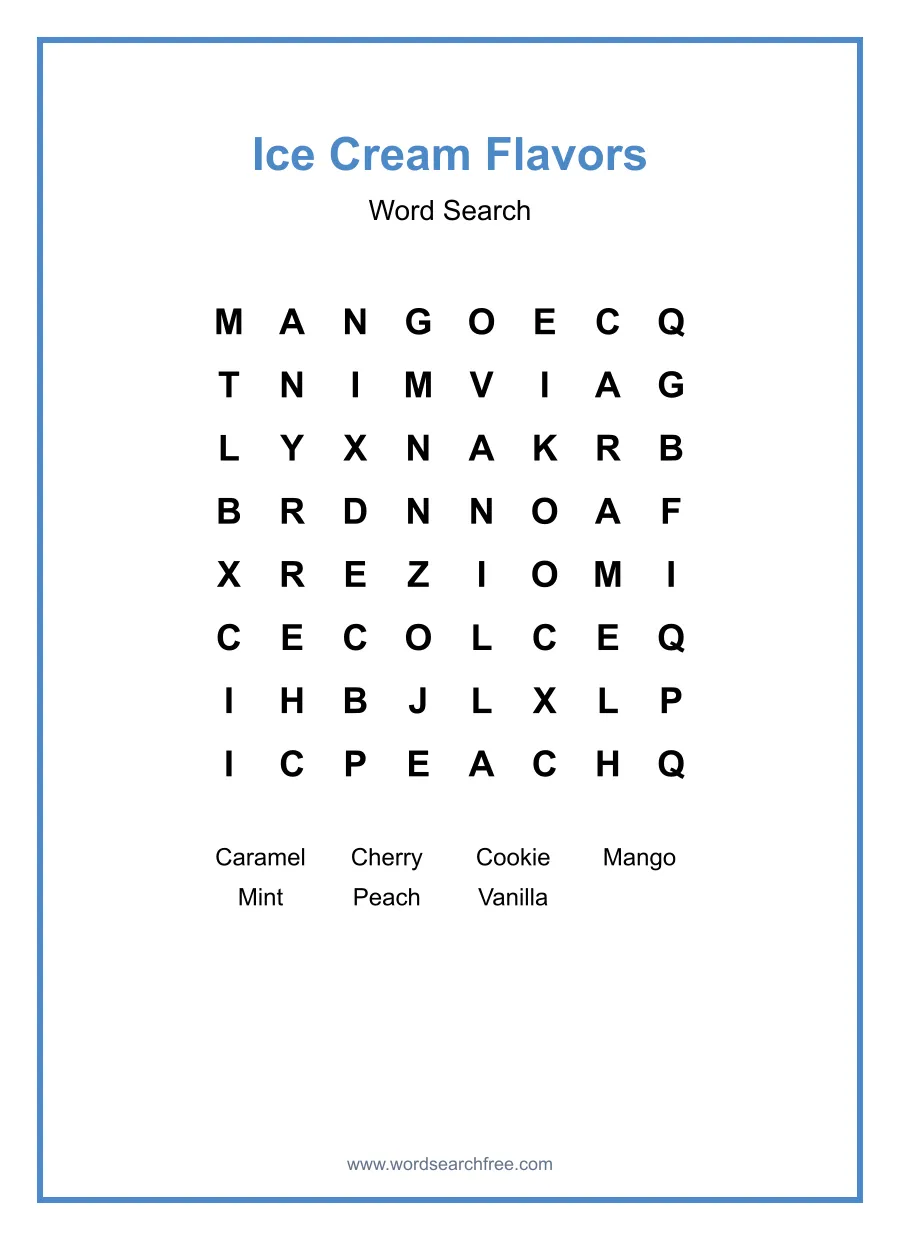 Ice Cream Flavors - Easy Word Search Puzzle