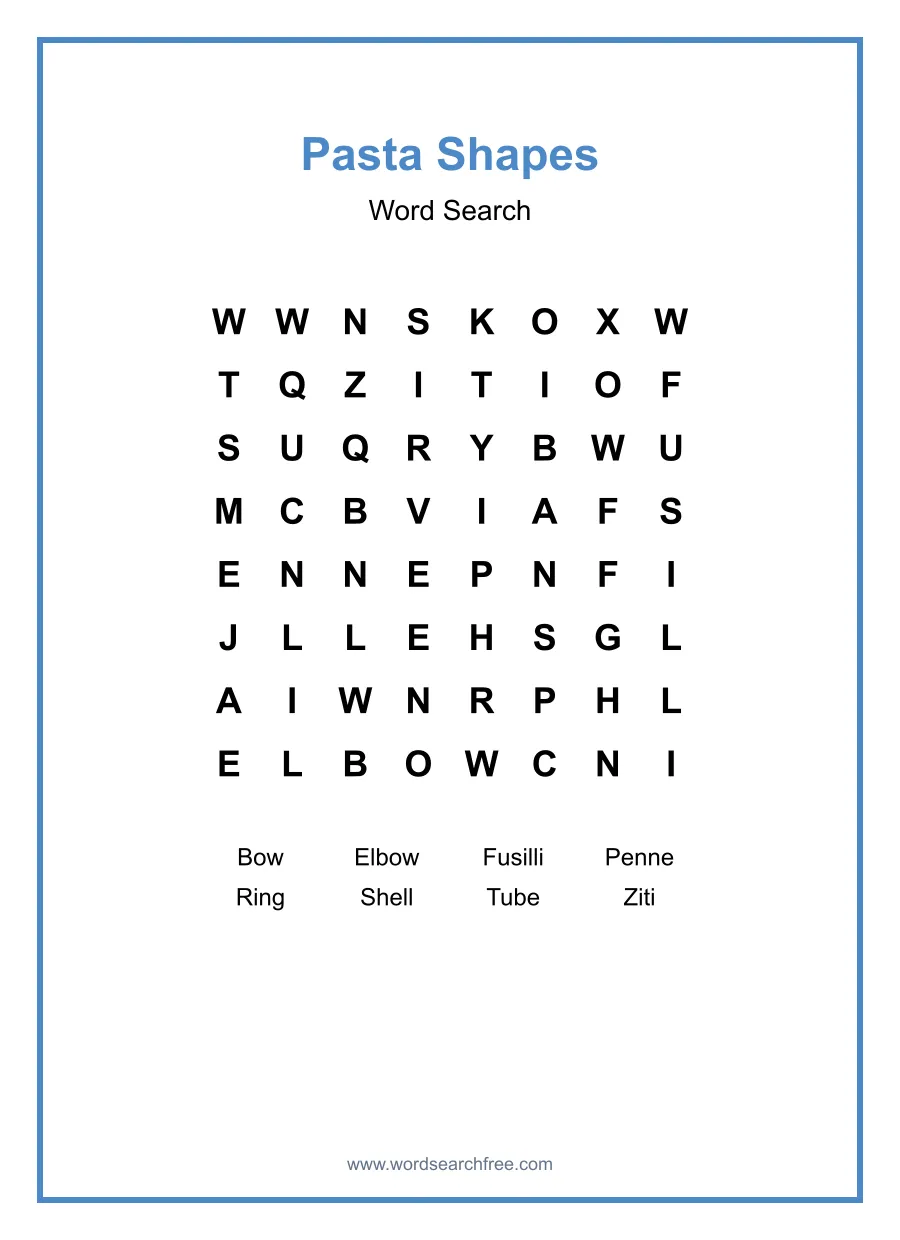 Pasta Shapes - Easy Word Search Puzzle