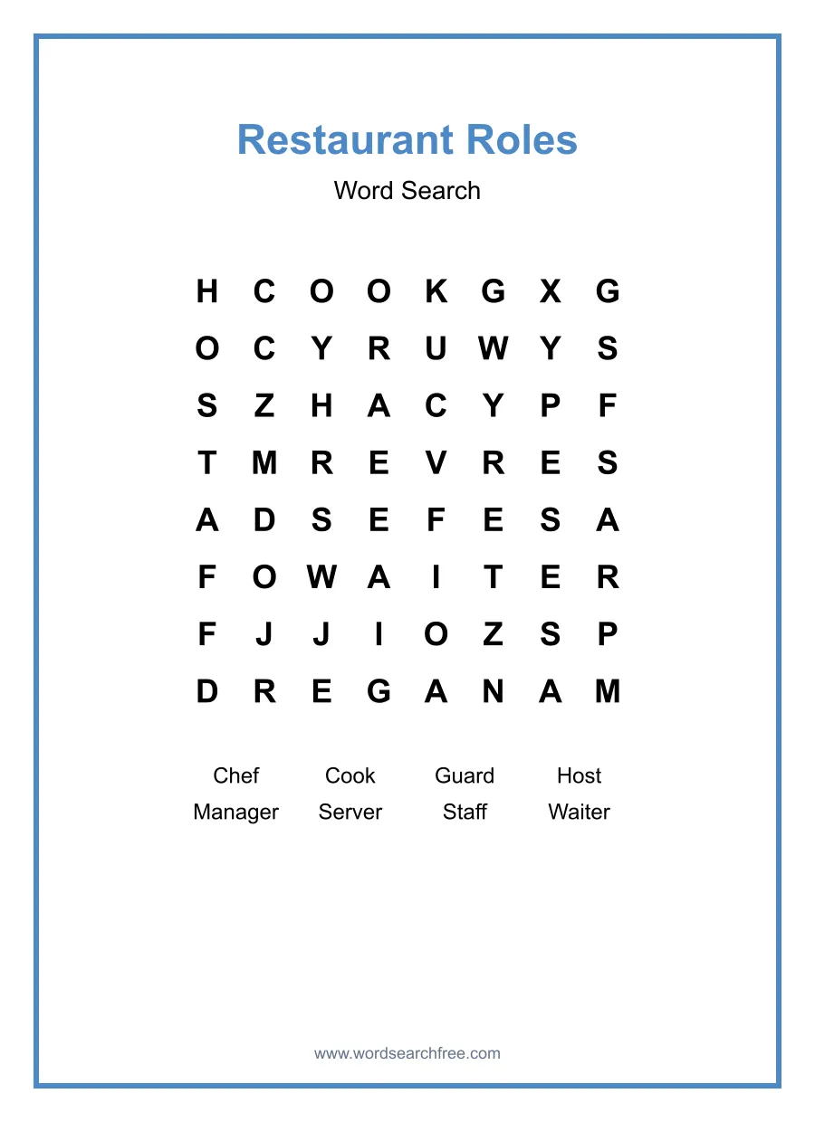 Restaurant Roles - Easy Word Search Puzzle
