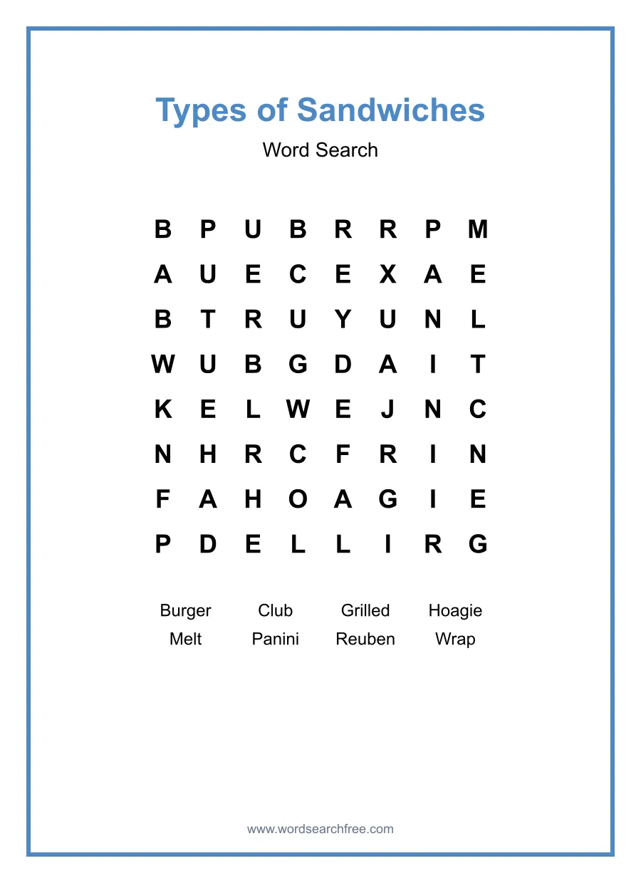 Types of Sandwiches - Easy Word Search Puzzle